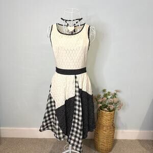 60s style cream and black lace plaid/gingham patchwork polka dot fairy dress